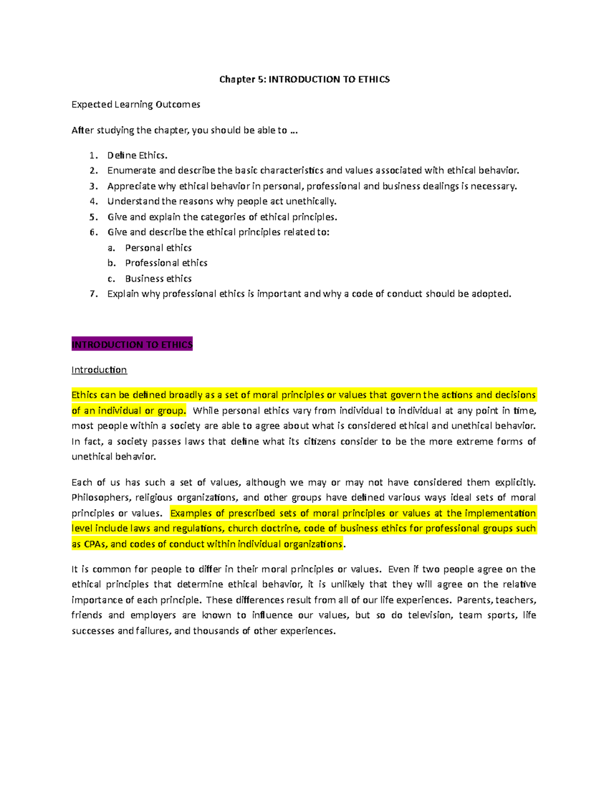 Governance - Chapter 5 - Introduction to Ethics - Chapter 5 ...
