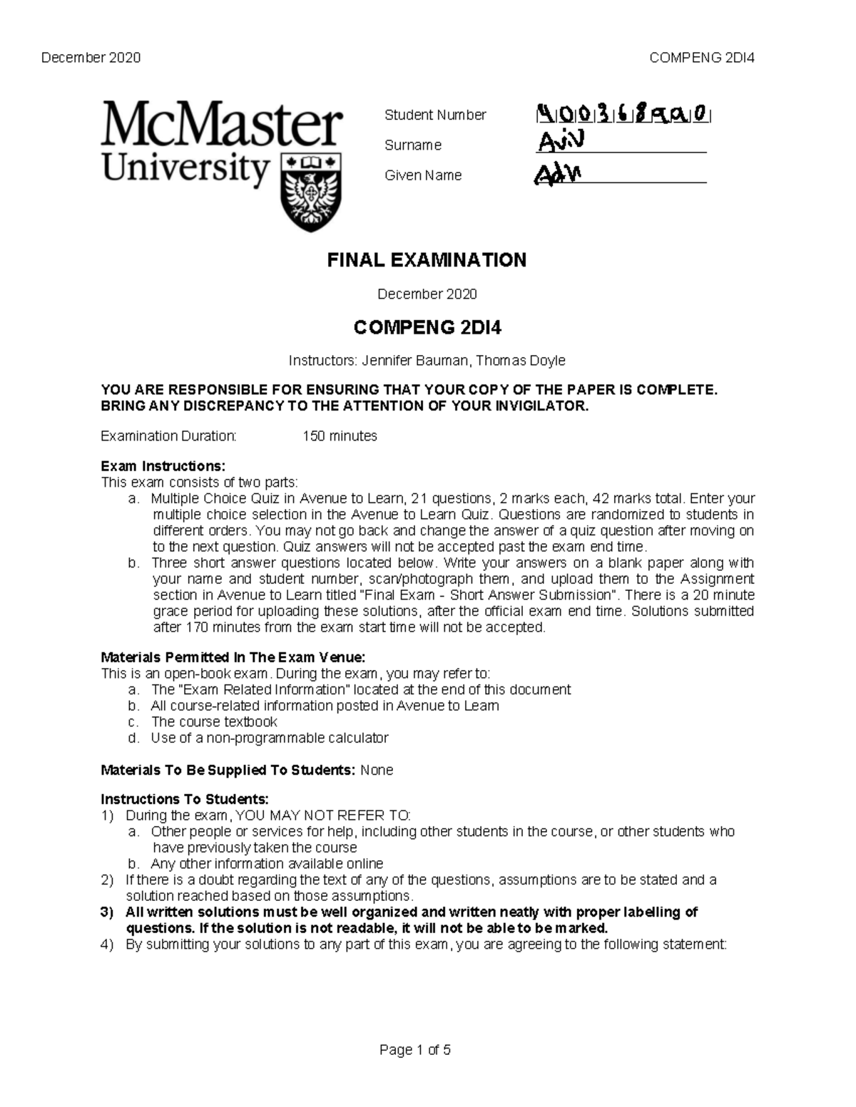 Final Exam COMPENG 2DI4 - December 2020 Student Paper - Studocu