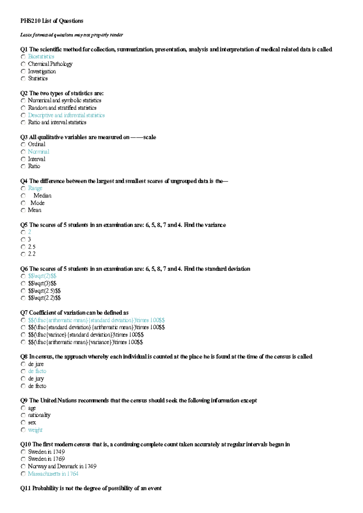 PHS210 - Biostatistics Past Questions and Answers - Studocu