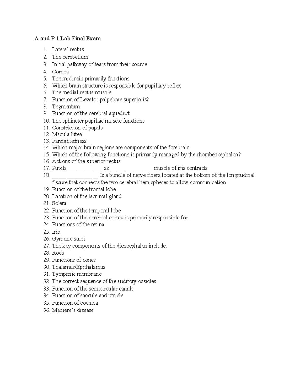 A&P 1 Lab Final Exam Review: Key Concepts and Functions - Studocu