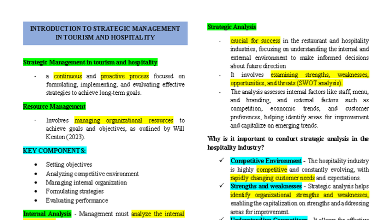 STQM- Prelim-1: Strategic Management in Tourism & Hospitality - Studocu
