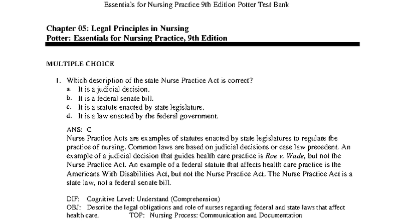 Essentials for Nursing Practice 9th Edition Potter Test Bank: Chapter ...