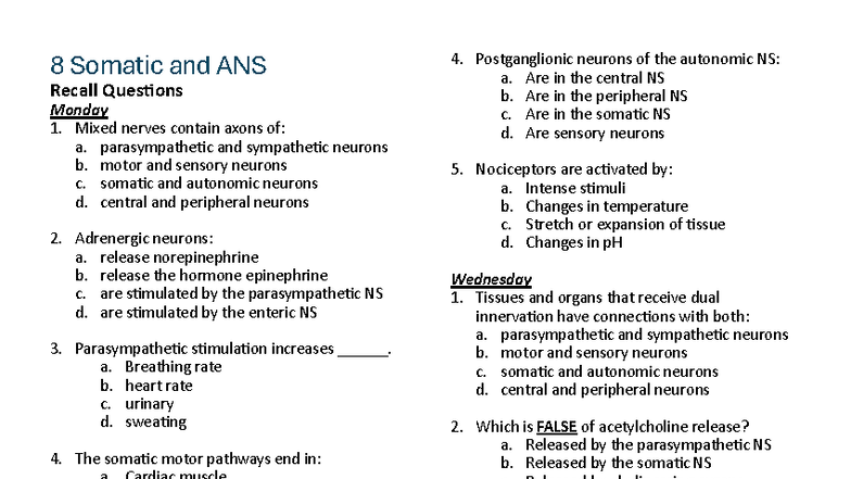 8 Somatic and ANS Recall Questions for Exam Review - Studocu