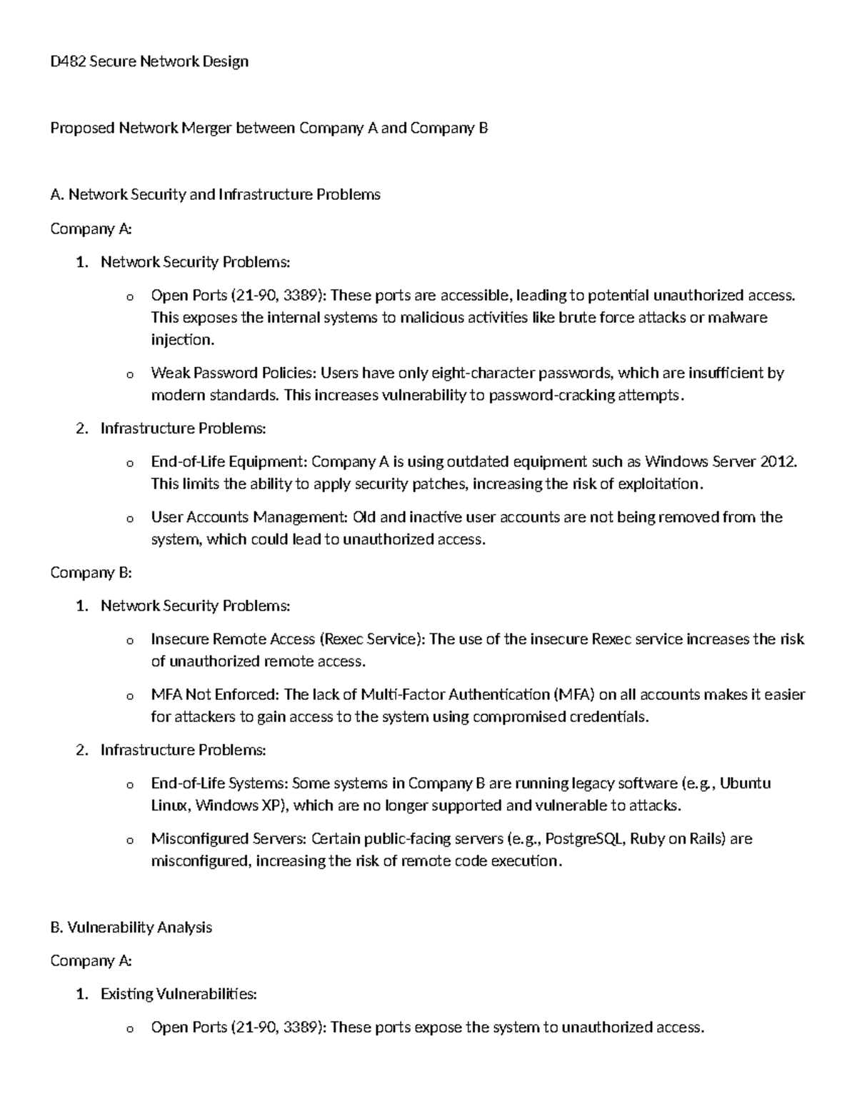 D482 Secure Network Design - Essay on Company A & B Merger Analysis ...