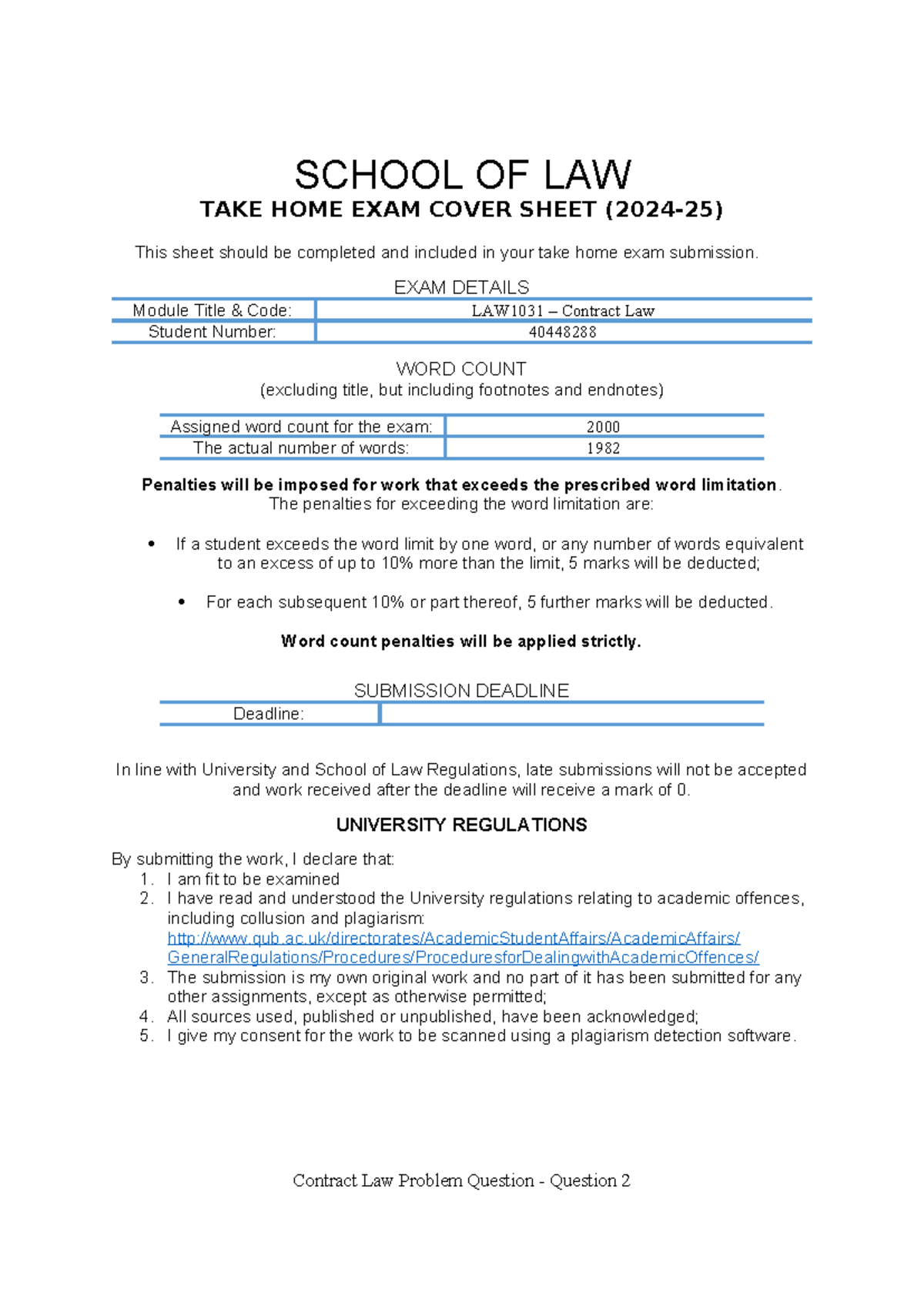 LAW1031 Contract Law Take Home Exam Cover Sheet - Studocu