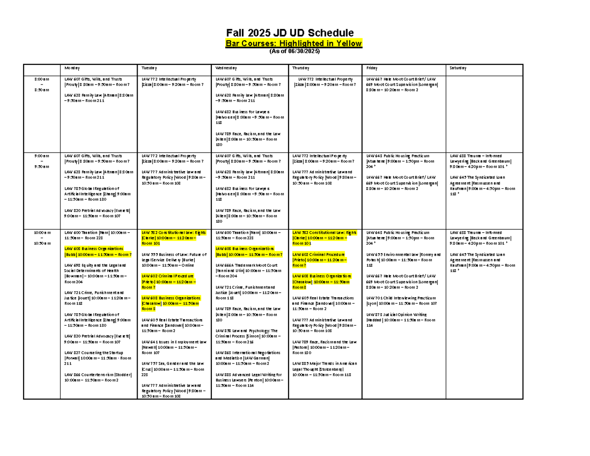 Final Fall 2025 JD Course Schedule: Bar Courses Overview - Studocu