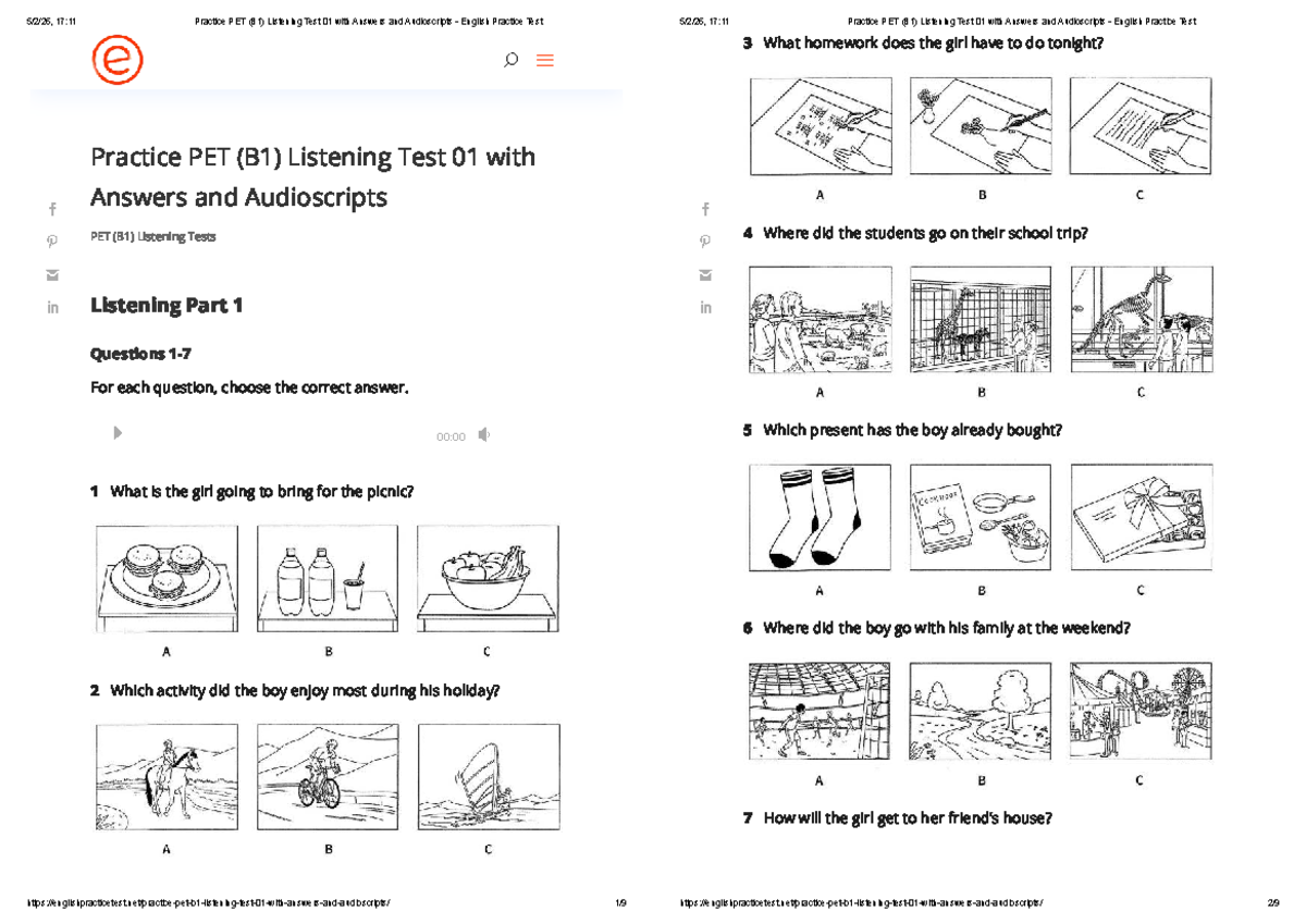 17:11 Practice PET (B1) Listening Test 01: Questions & Answers - Studocu
