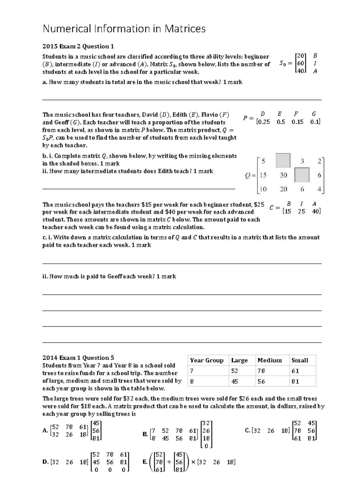Numerical Information in Matrices: 2015 Exam 2 Analysis - Studocu