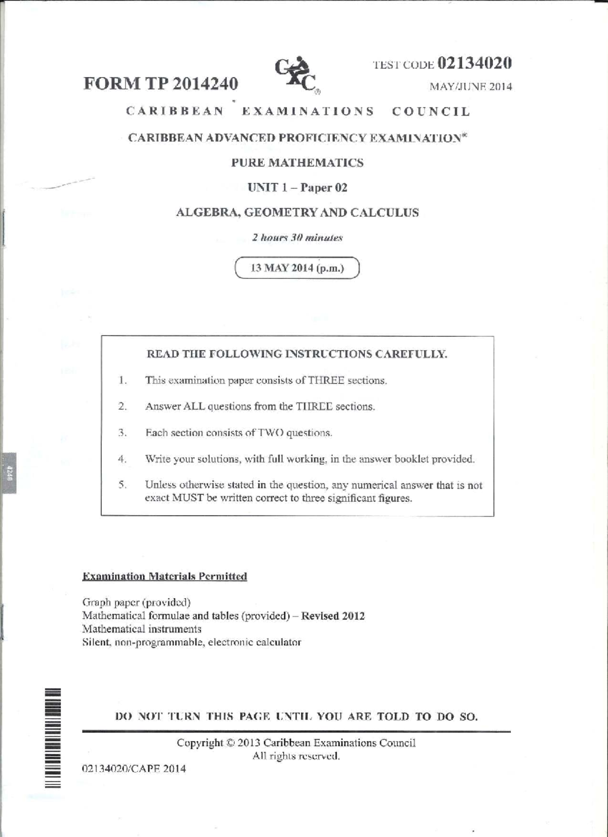 Cape Pure Mathematics 2014 Unit 1 Paper 02 Exam Questions - Studocu