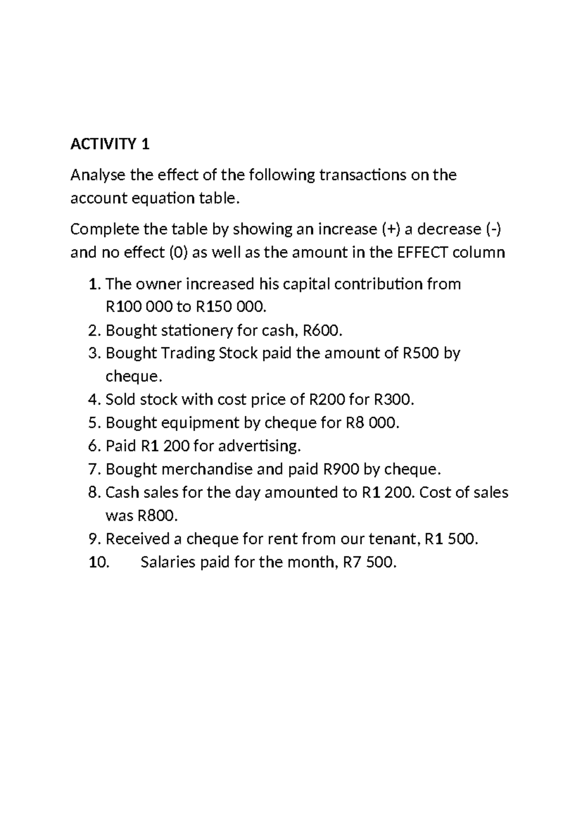 EMS 1 SEG106P Activity 1: Analyzing Transaction Effects on Account ...