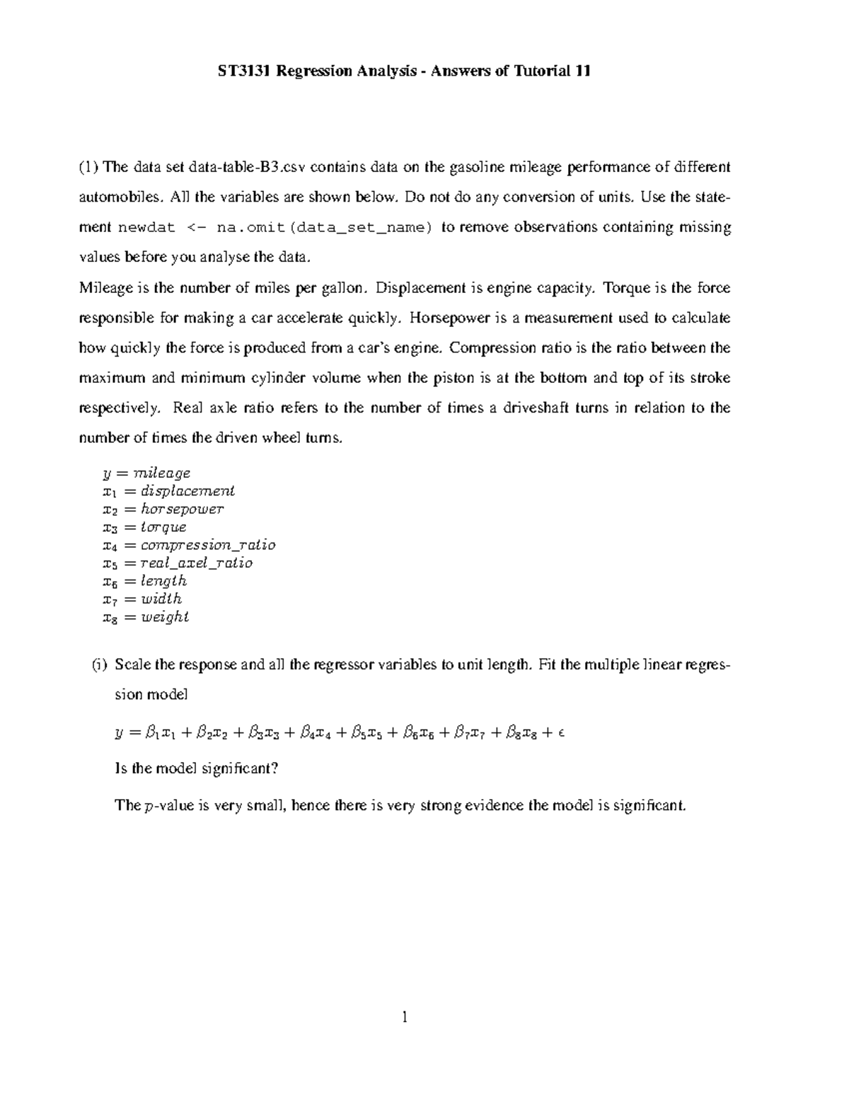 ST3131 Regression Analysis - Tutorial 11 Answer Key - Studocu