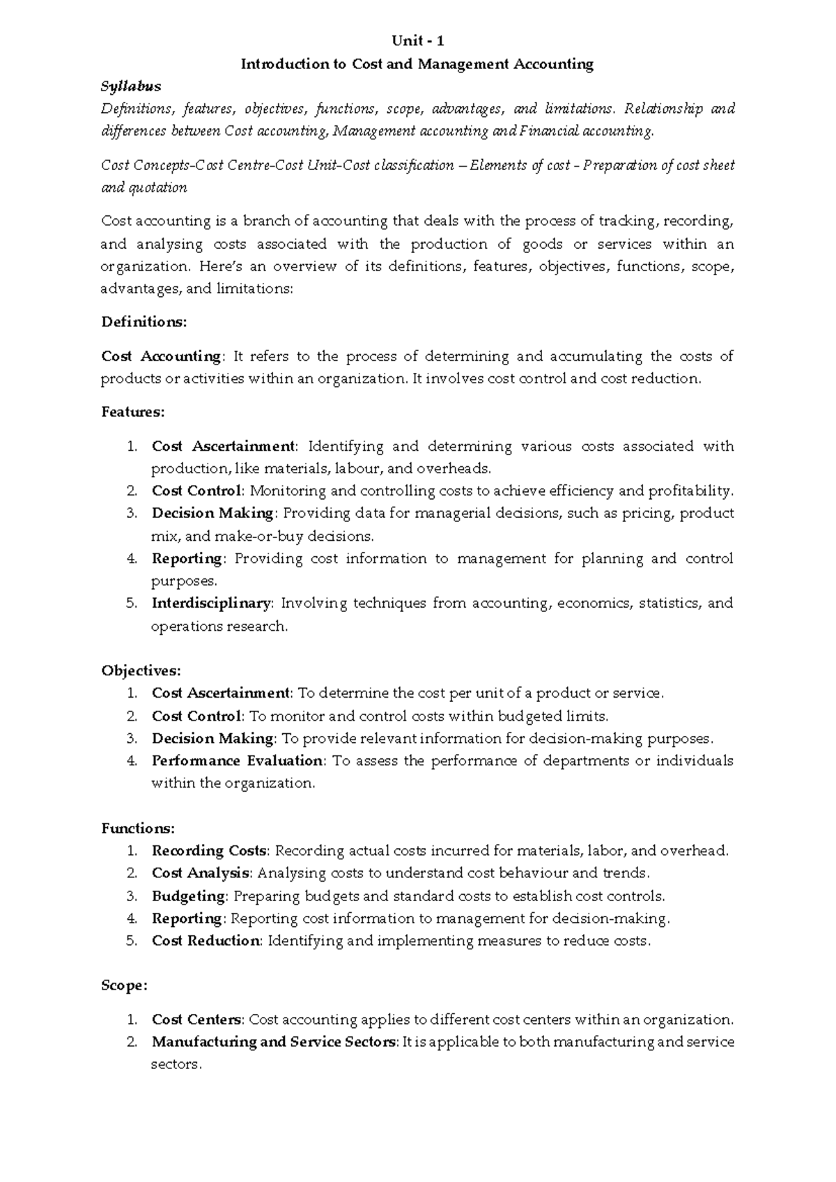 CMA CH 1 - Intro to Cost & Management Accounting Overview - Studocu