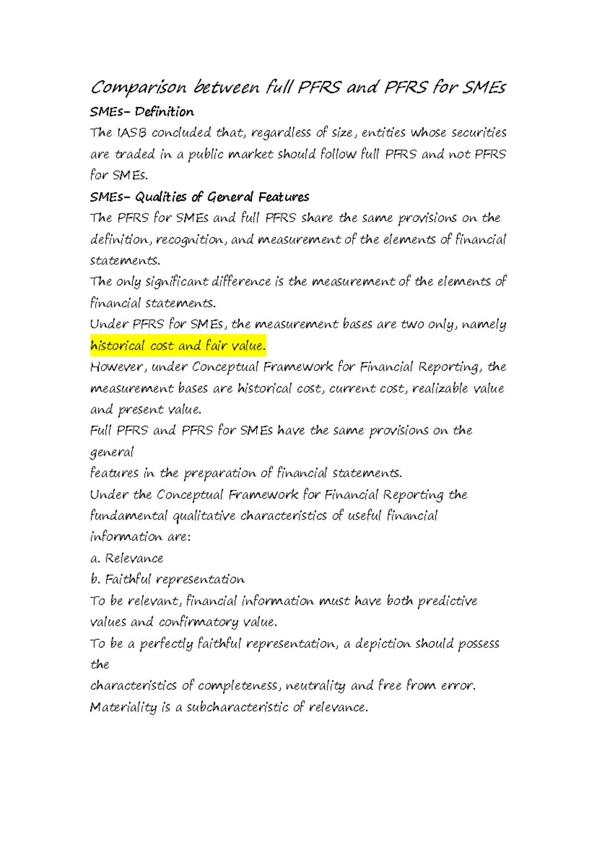 PFRS for SMEs: Comprehensive Comparison with Full PFRS - Studocu
