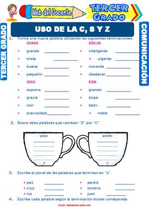 Ficha de Uso de la C y Z para Segundo de Primaria - 1. En la siguiente ...