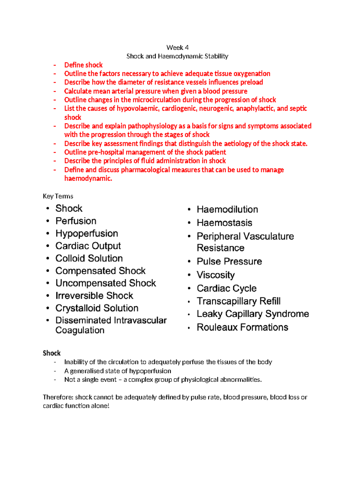 Week 4 Lecture Notes: Shock and Haemodynamic Stability Overview - Studocu
