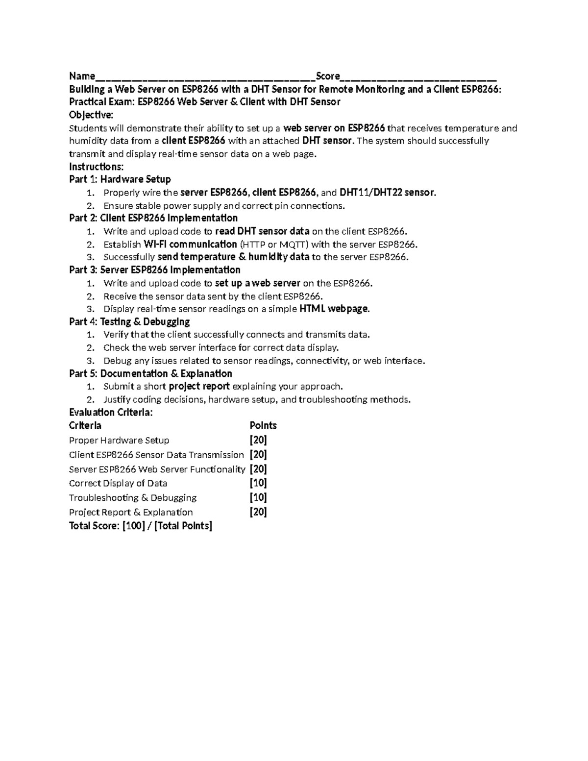 Practical Exam: ESP8266 Web Server & DHT Sensor Setup Notes - Studocu