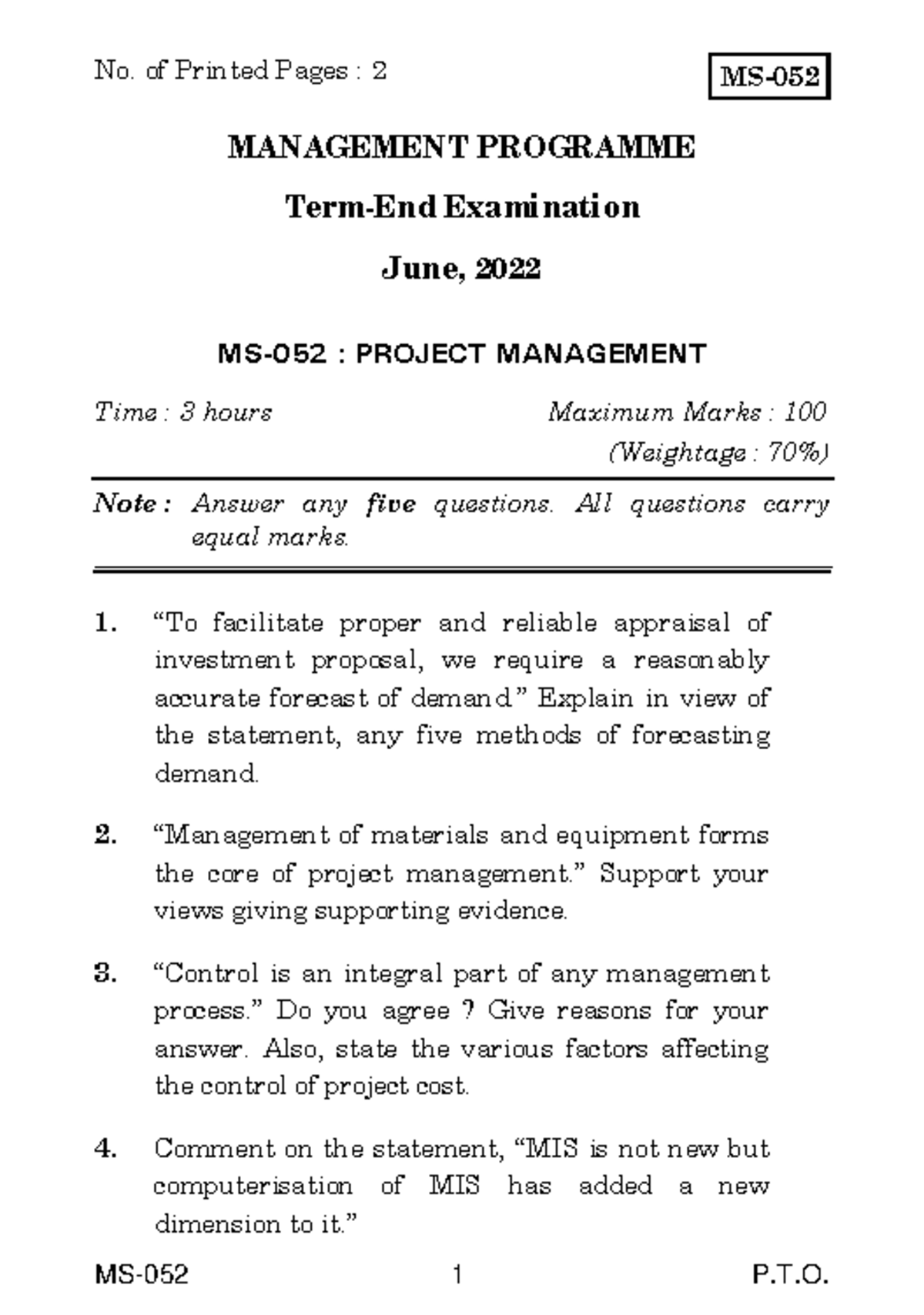 MS 52 PYQP J22 - Project management exam paper June 2022 - Studocu