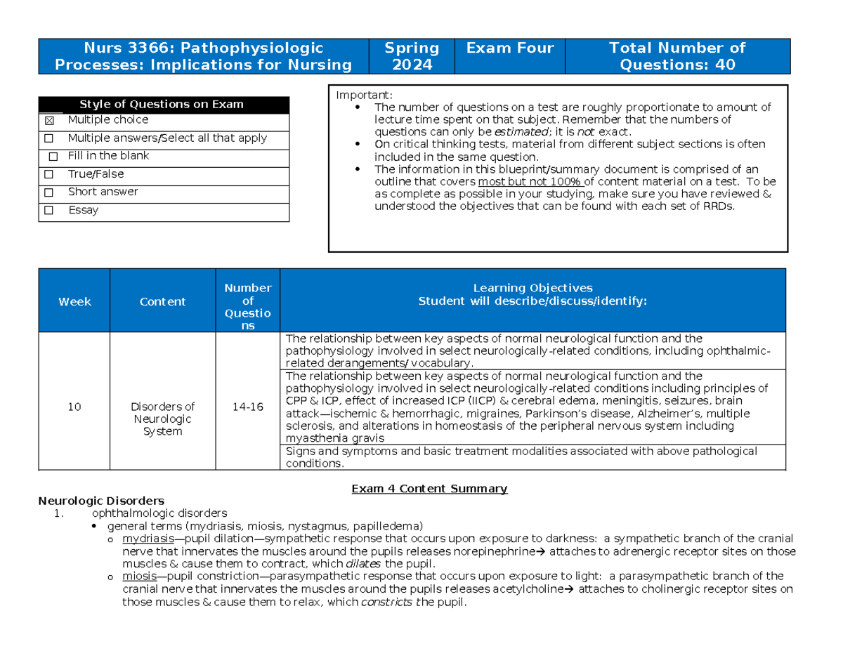 Nurs 3366: Exam 4 Blueprint on Neurologic & Endocrine Disorders Spring ...