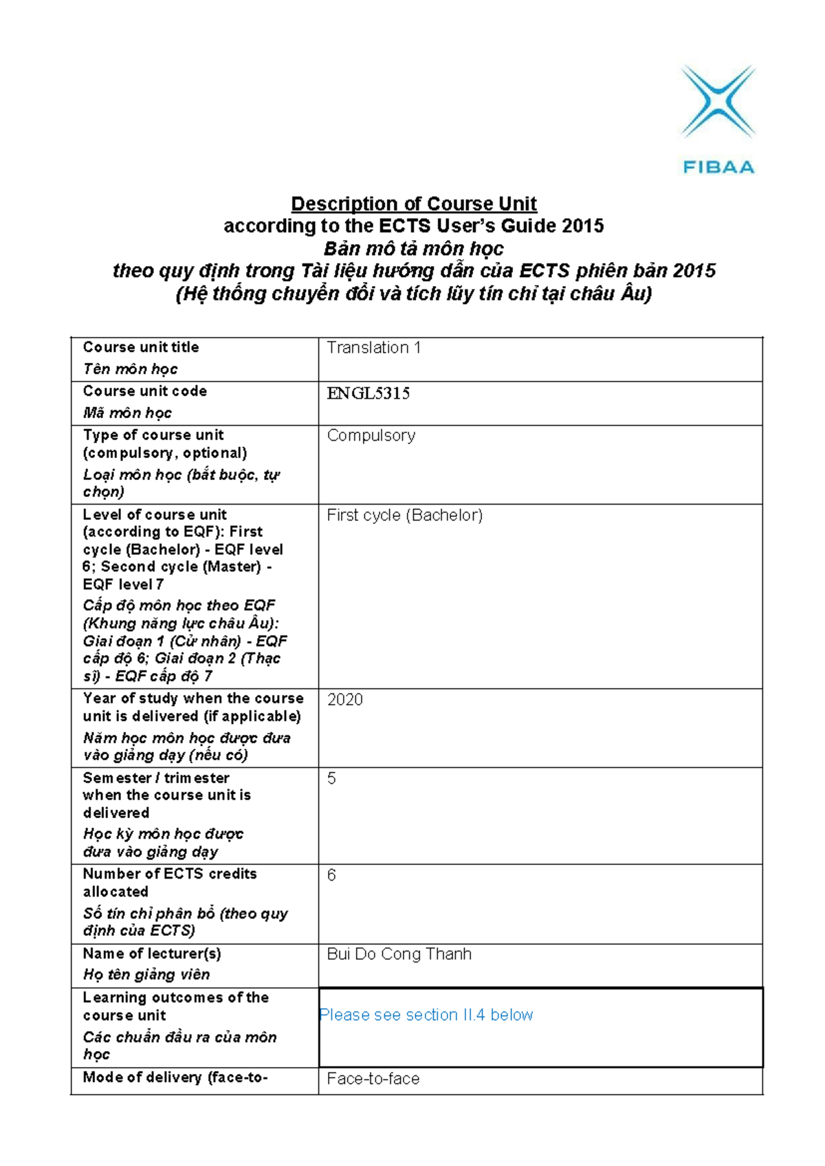 ENGL5315 Translation 1 Course Unit Description and Learning Outcomes ...