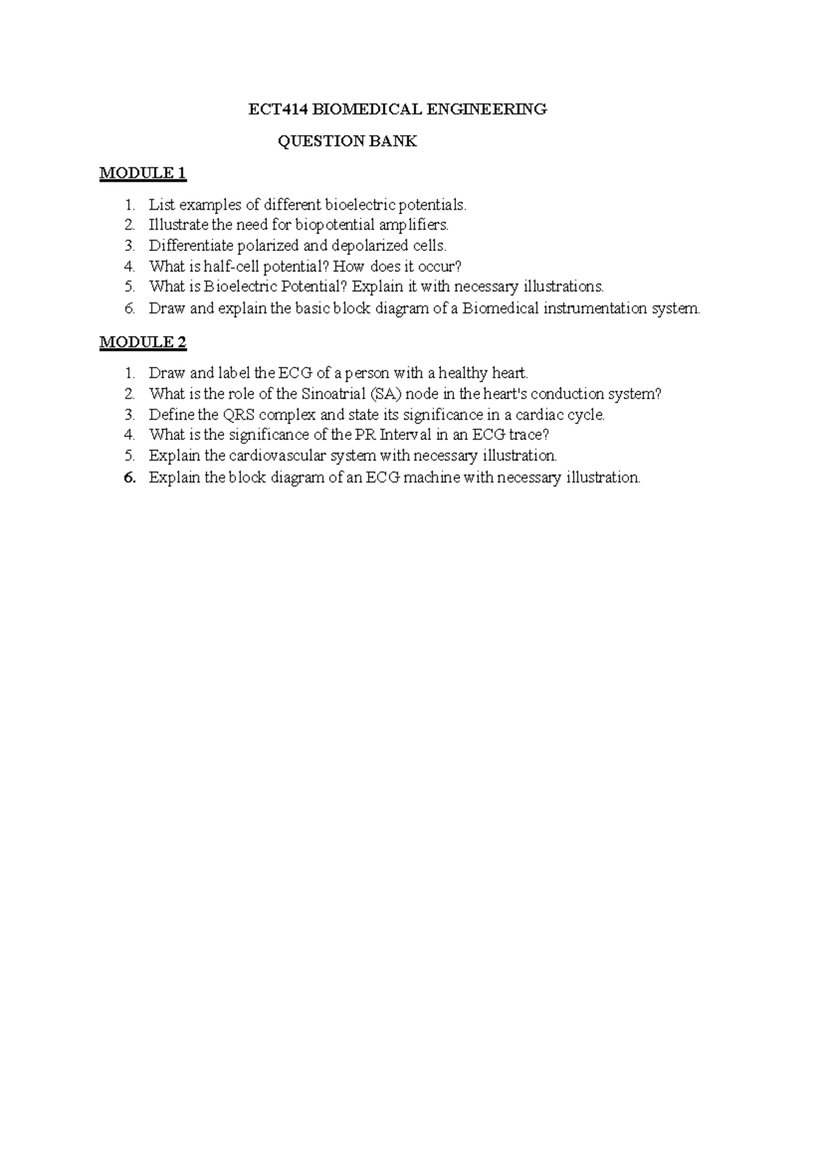 ECT414 Biomedical Engineering Question Bank: Modules 1 & 2 - Studocu