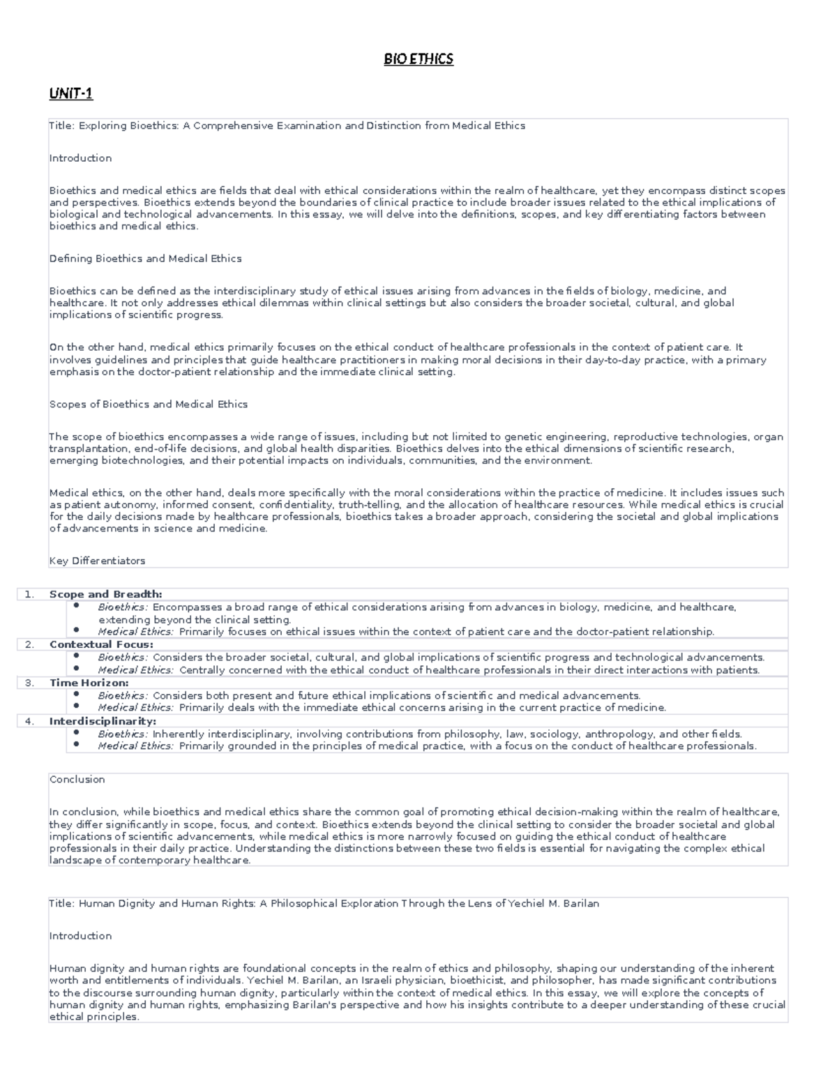 BIO Ethics - BIO ETHICS UNIT- Title: Exploring Bioethics: A ...