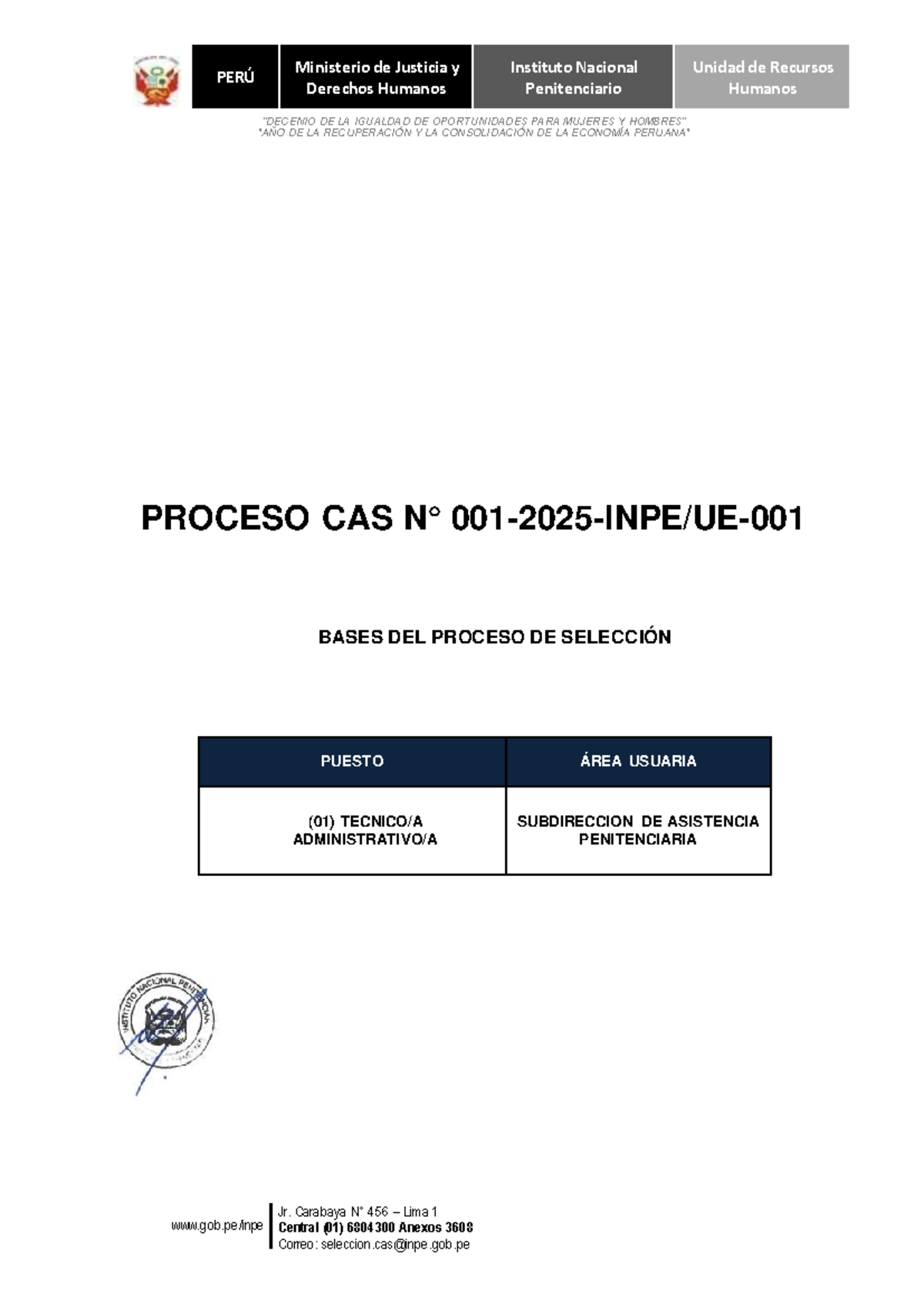 Bases del Proceso de Selección CAS 001-2025 para INPE - Studocu