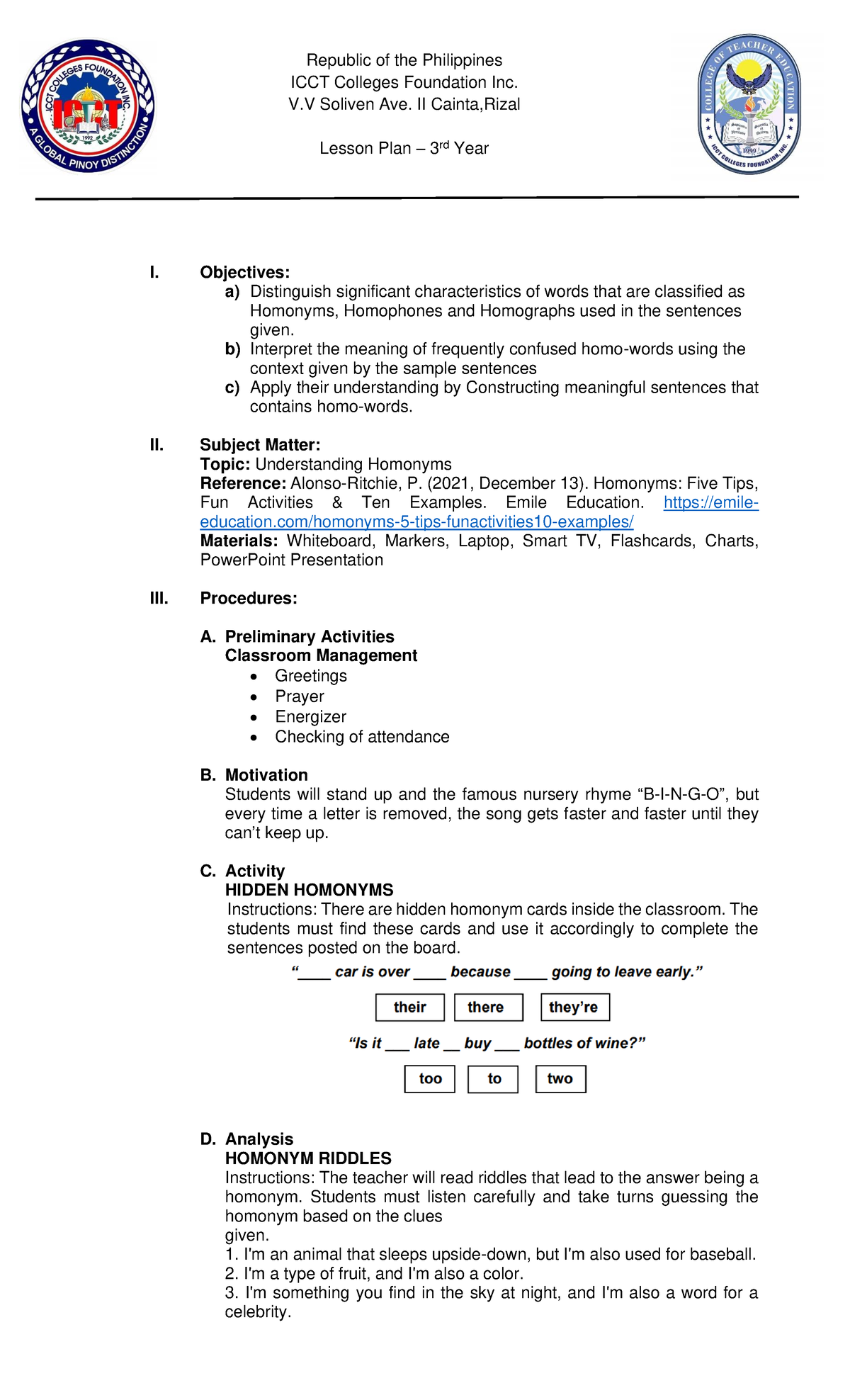 Lesson Plan - Understanding Homonyms for 3rd Year Students - Studocu