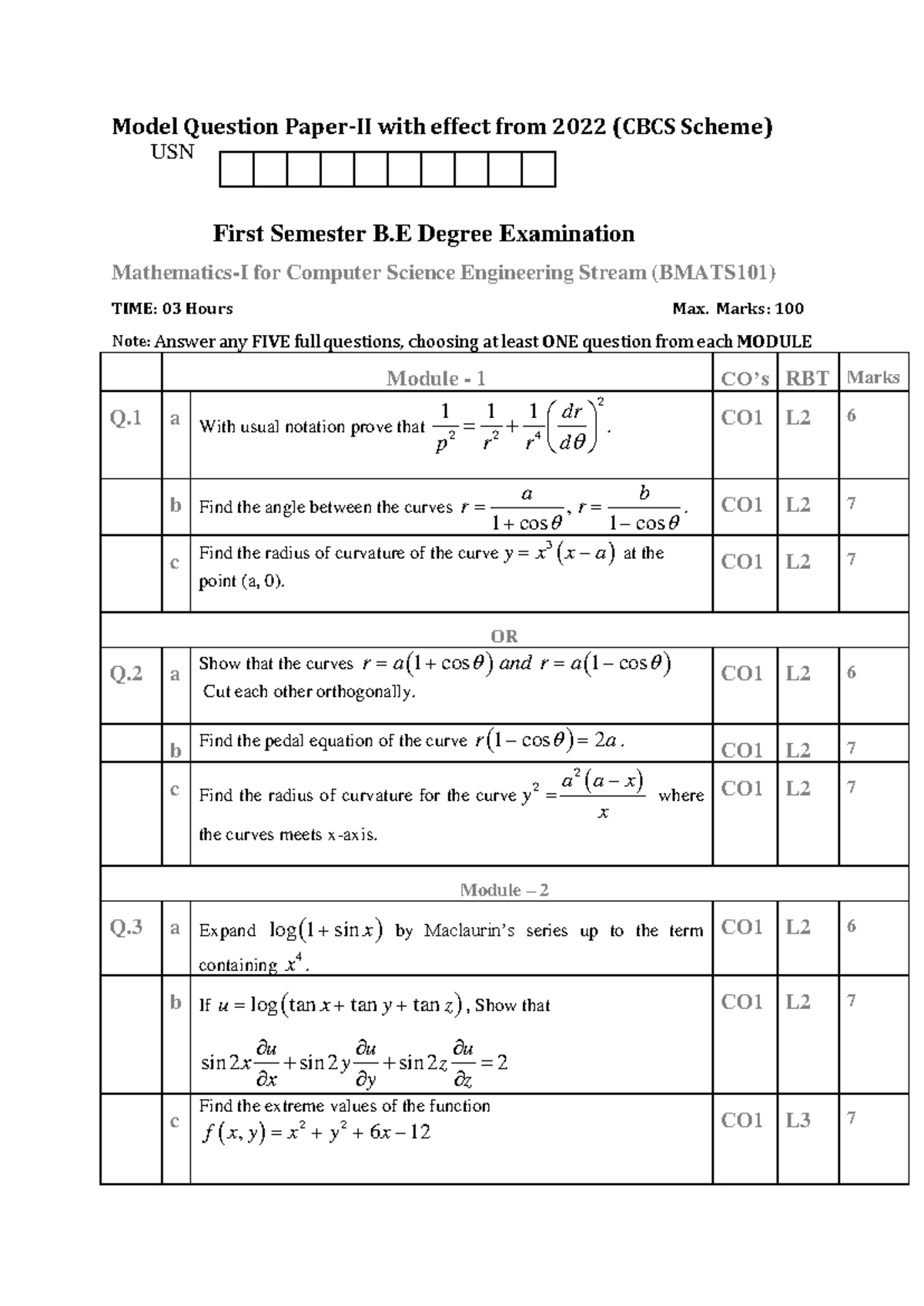 Bmats 101 Model Question Paper-II for Mathematics-I (2022) - Studocu