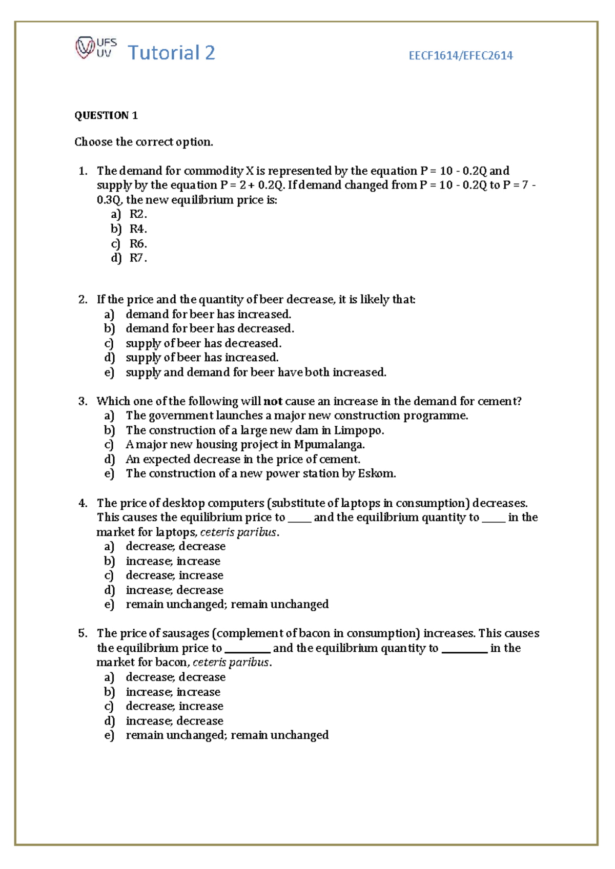 Tutorial 2 - Economics Questions & Answers Memo - Studocu