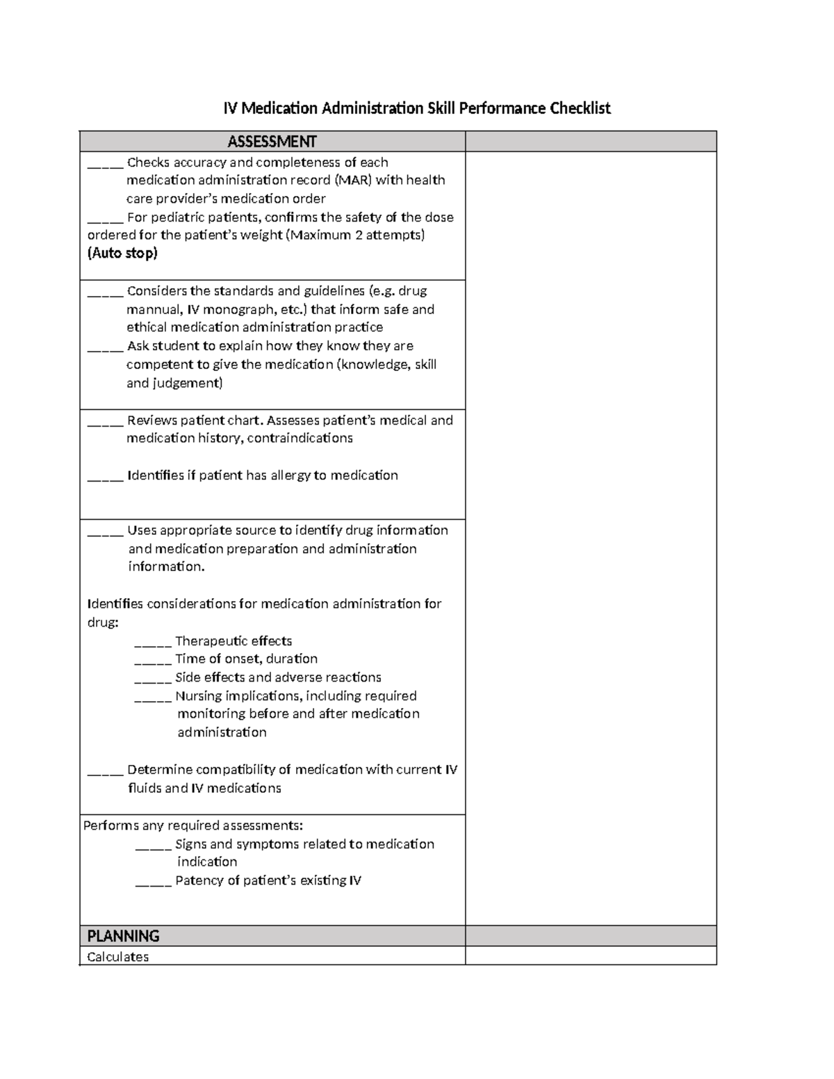 305 IV Medication Administration Skill Performance Checklist - Studocu