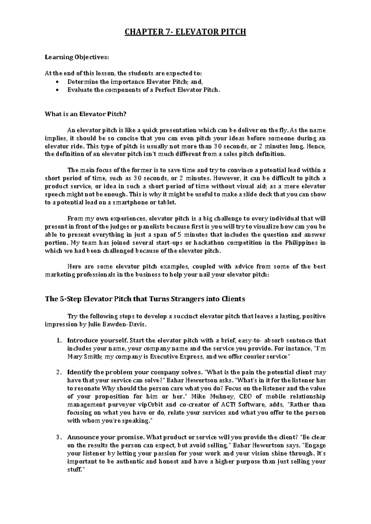 Chapter 7: Mastering the Elevator Pitch for Effective Presentations -  Studocu