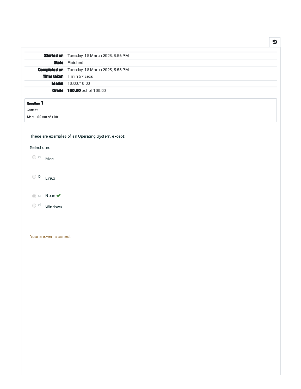 Final Quiz 1 Attempt review - Started on Tuesday, 18 March 2025, 5:56 ...