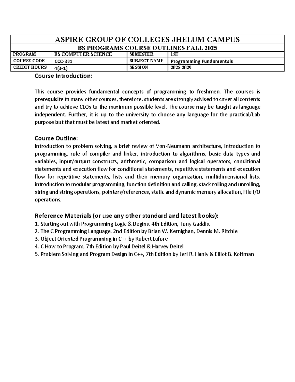 BSCS-I - Course Outlines & Notes for 1st Semester Fall 2025 - Studocu