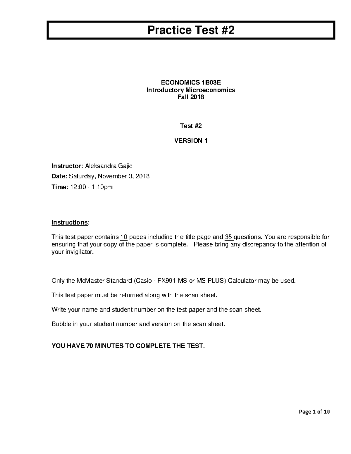 ECONOMICS 1B03E Test 2 Practice Questions - November 2018 - Studocu