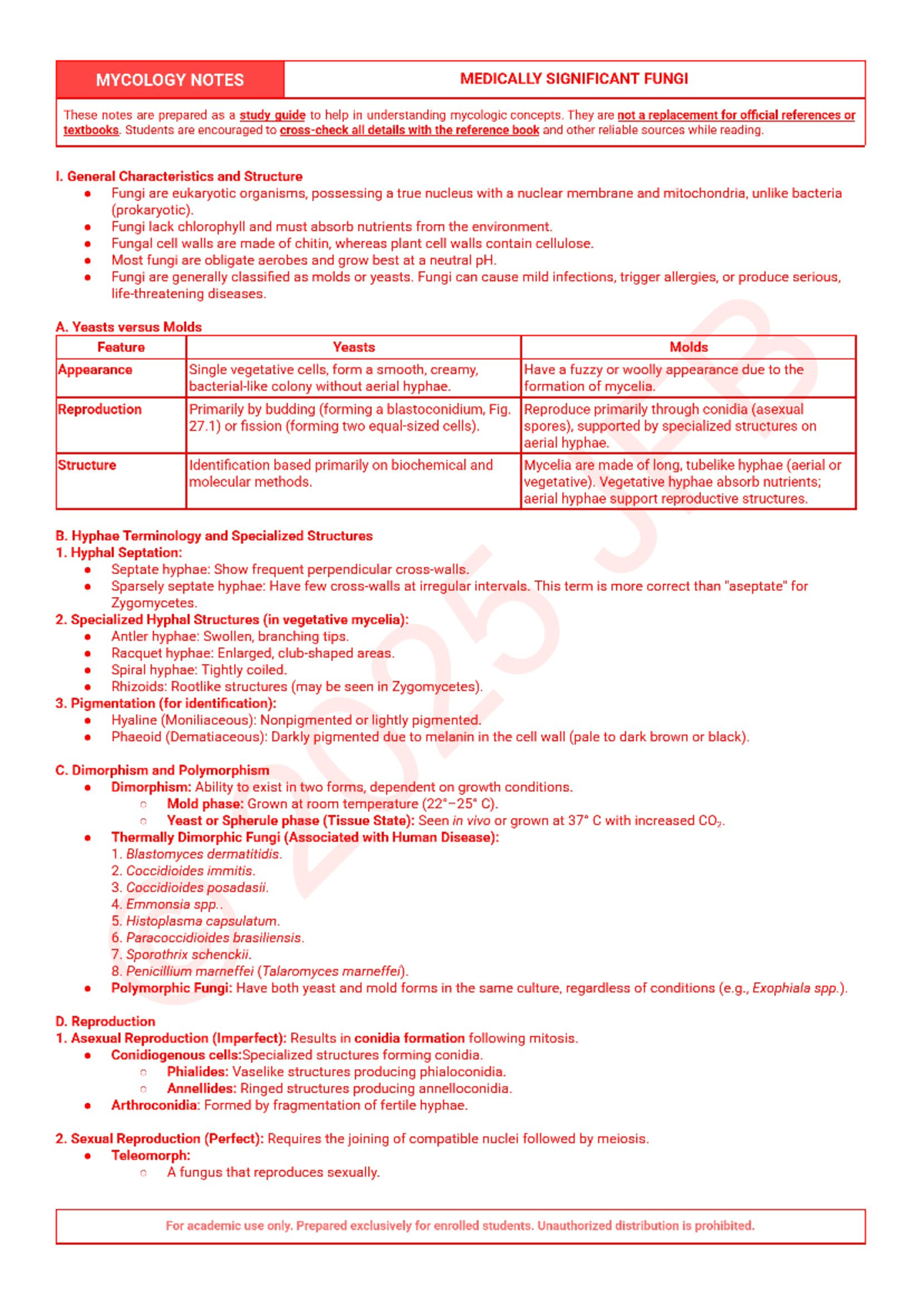 MYCOLOGY NOTES: MEDICALLY SIGNIFICANT FUNGI STUDY GUIDE - Studocu