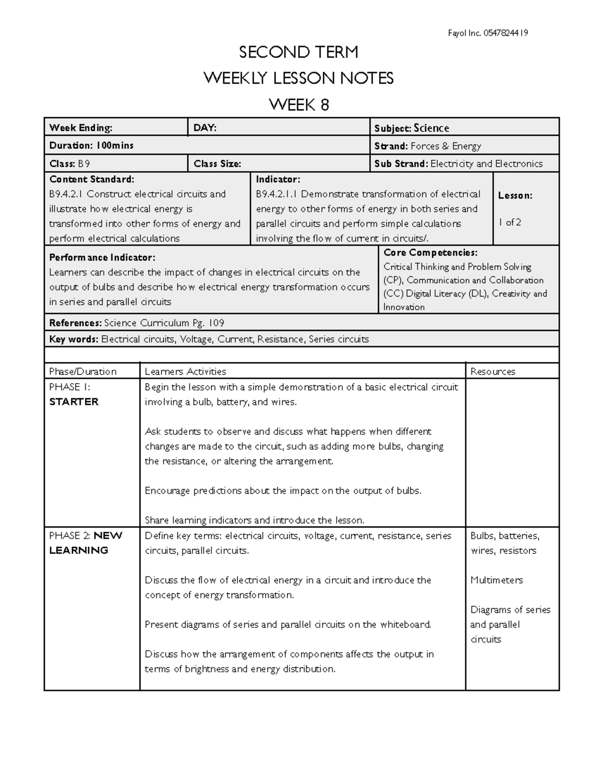 B9-SCI-WK8 - jbhgvjbdycfvhfv - Fayol Inc. 0547824419 SECOND TERM WEEKLY ...