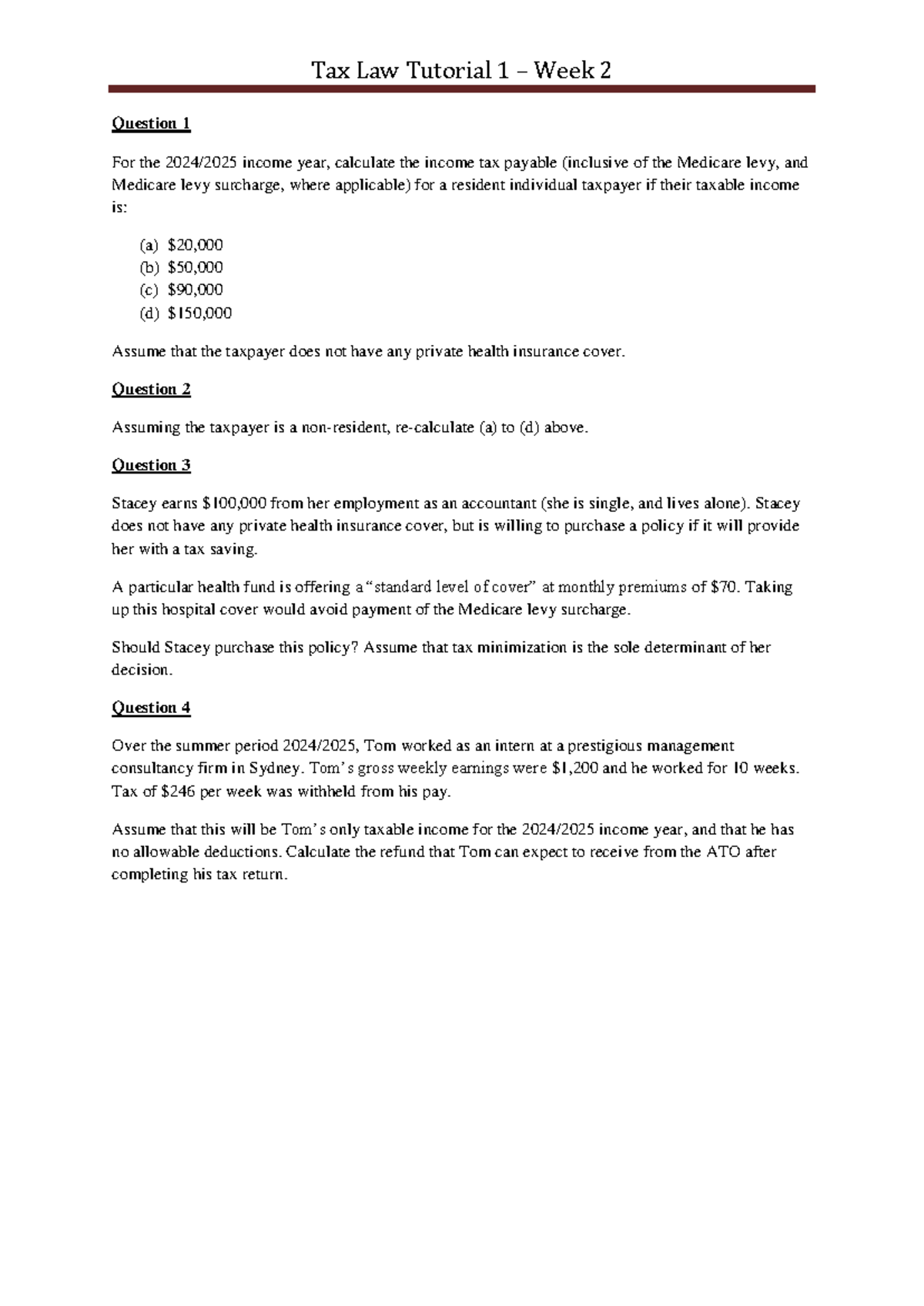 Tax Law Tutorial 1 (Week 2) - Income Tax Calculations & Scenarios - Studocu