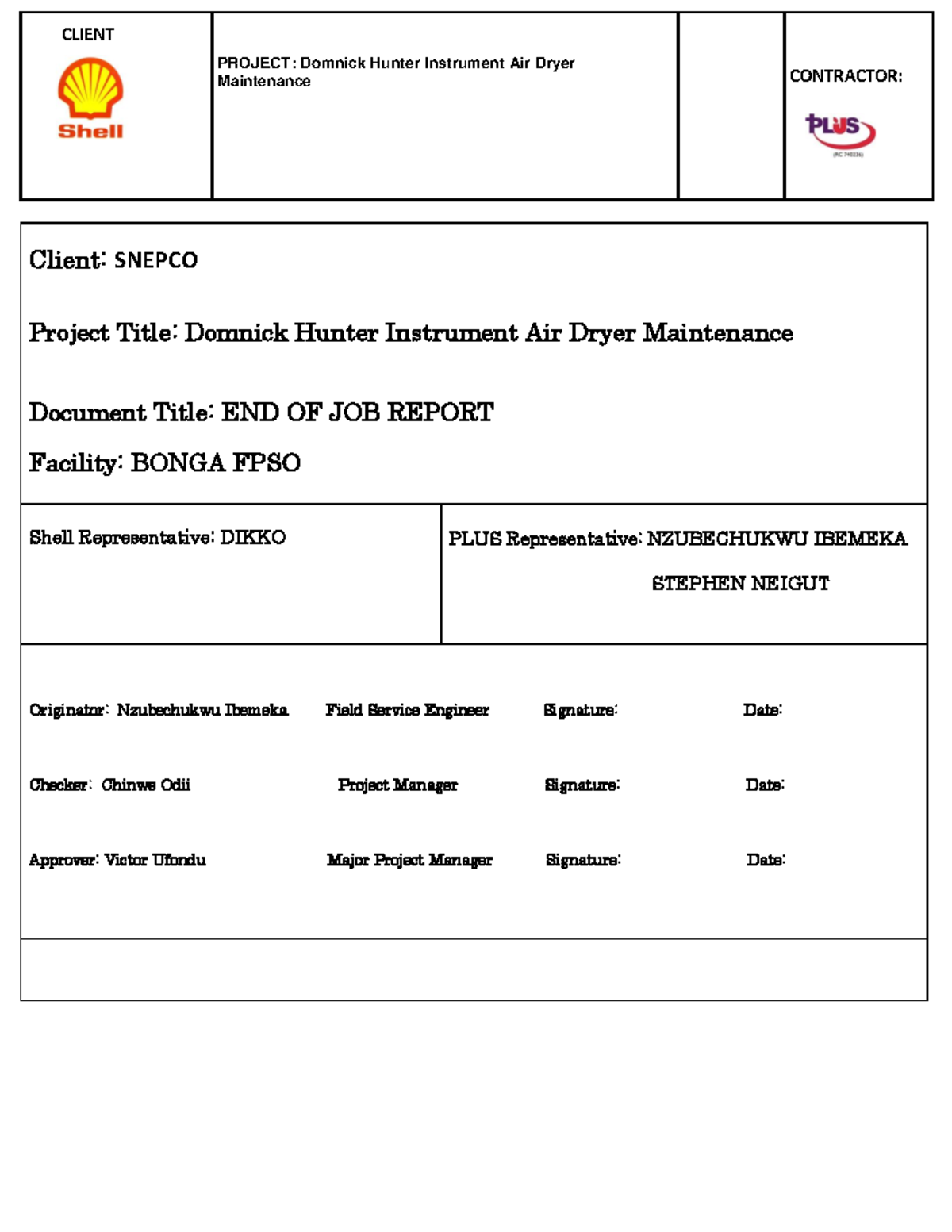 Bonga FPSO 2022 END OF JOB Report (1) - PROJECT: Domnick Hunter ...