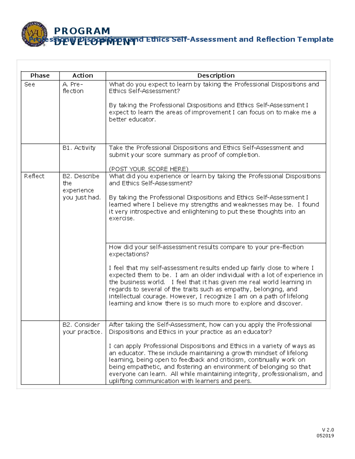 PROGRAM Professional Dispositions and Ethics Self-Assessment Reflection ...