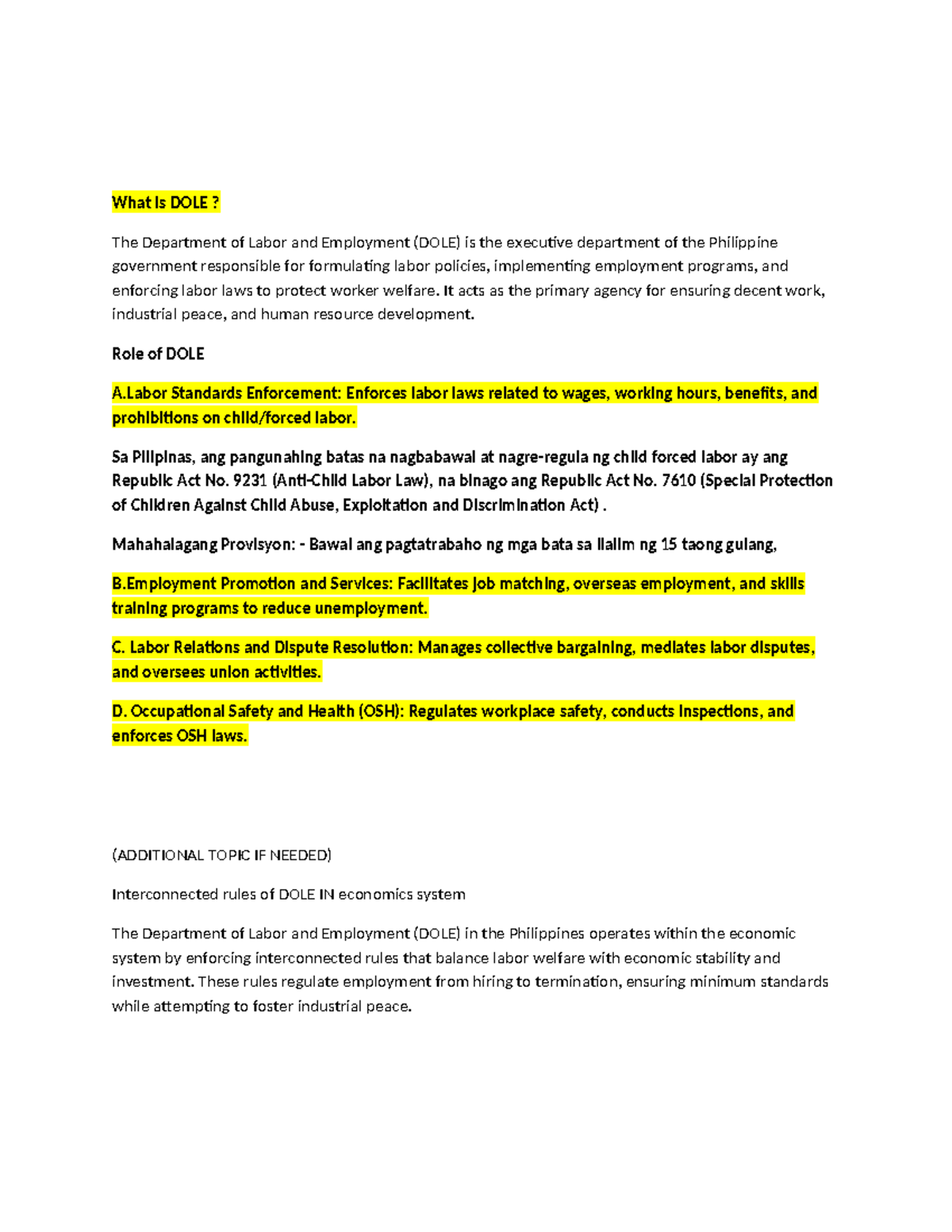 DOLE Report: Understanding the Department of Labor and Employment - Studocu