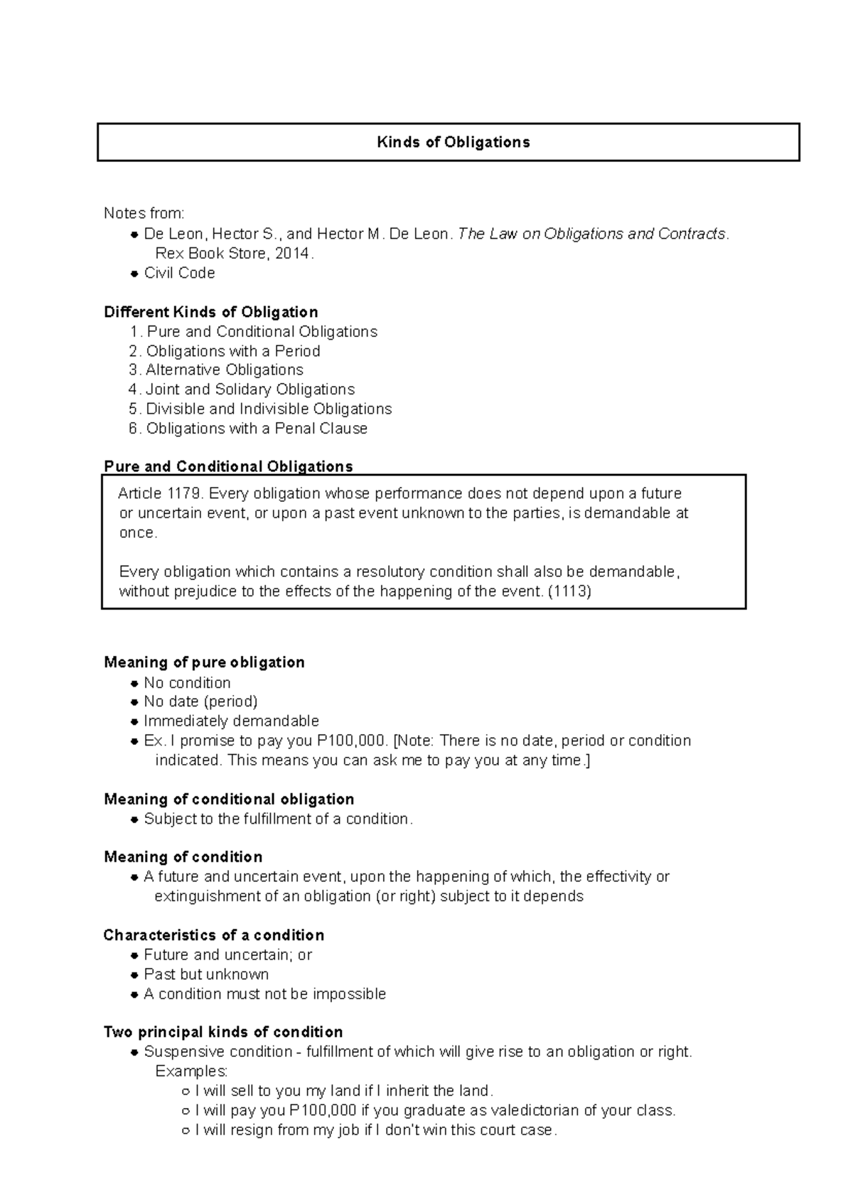 Kinds of Obligations Notes (CIVIL CODE) - De Leon, 2014 - Studocu