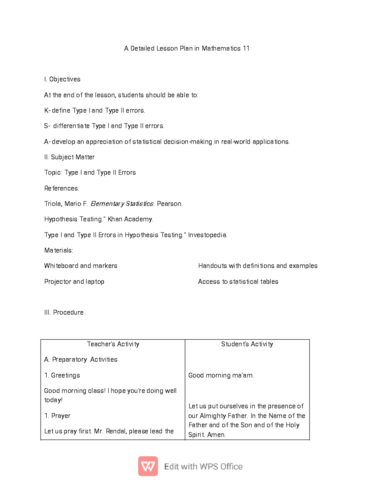 Mathematics 11 Lesson Plan: Understanding Type I & II Errors - Studocu