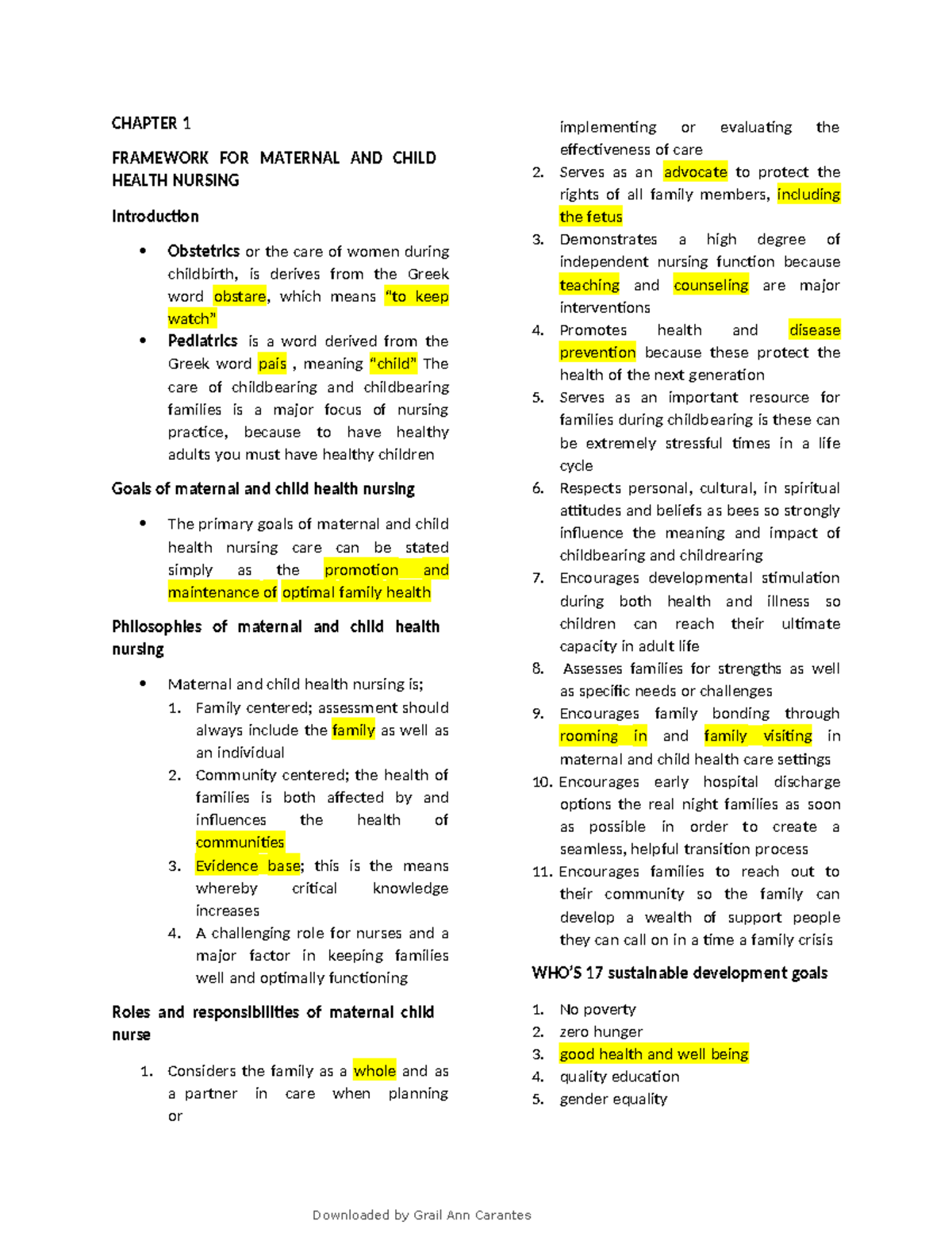 Notes - ... - CHAPTER 1 FRAMEWORK FOR MATERNAL AND CHILD HEALTH NURSING ...