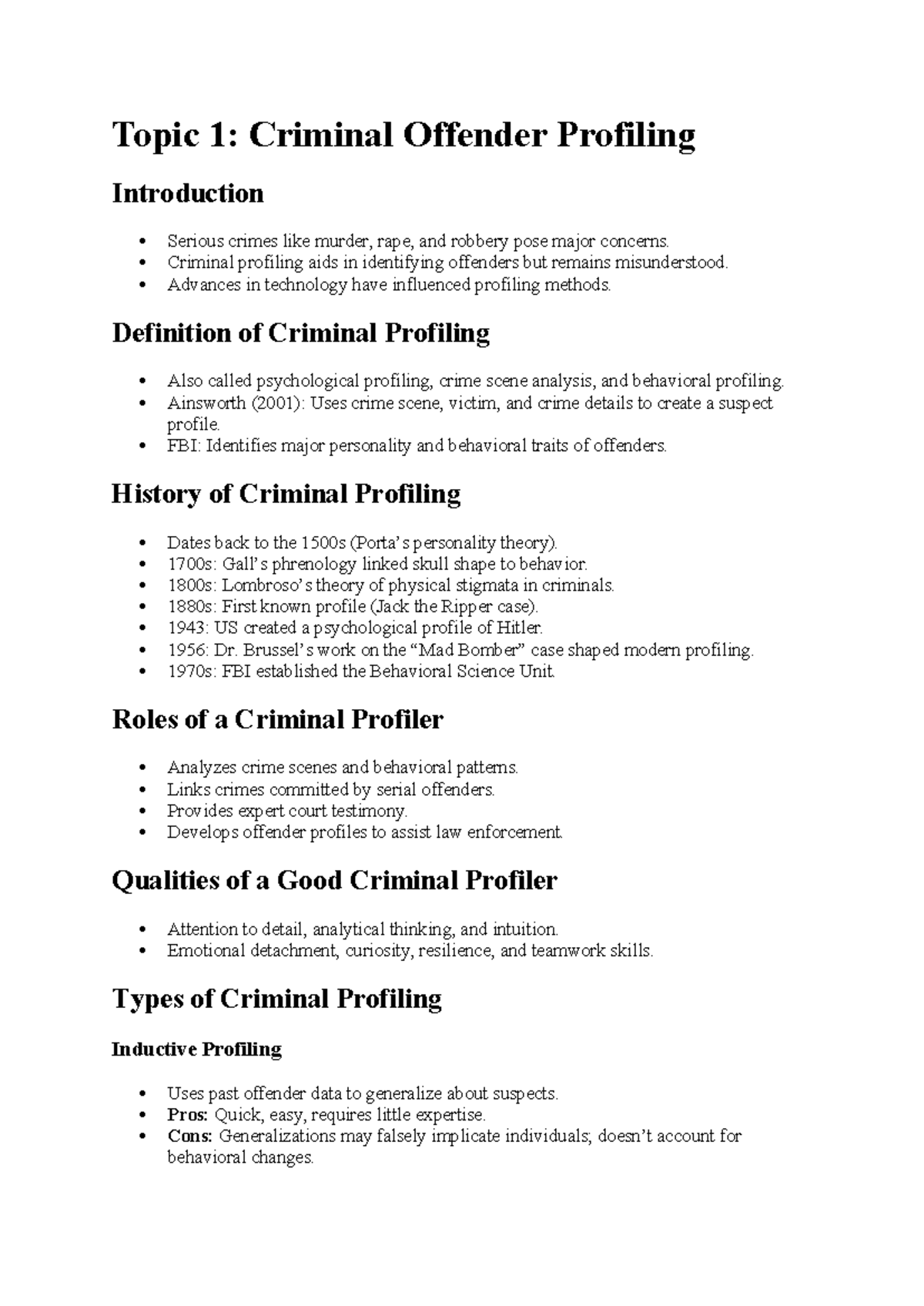 Topic 1: Criminal Offender Profiling Overview and Practice Test - Studocu