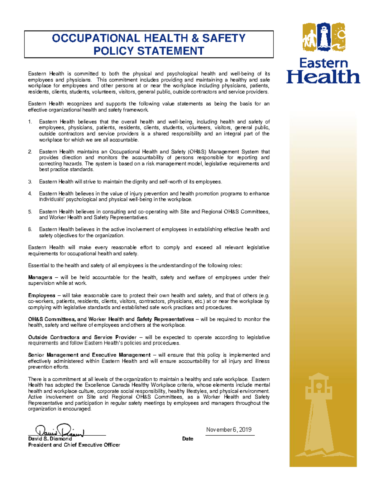 OHS Policy Statement for Eastern Health: Commitment to Safety and Well ...