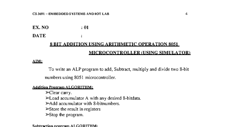 CS 3691 Embedded Systems and IoT Lab: 8-Bit Arithmetic Operations - Studocu