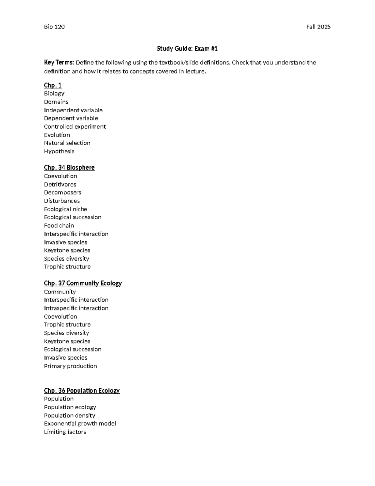 Bio 120 Fall 2025 Study Guide: Key Terms & Concepts for Exam - Studocu