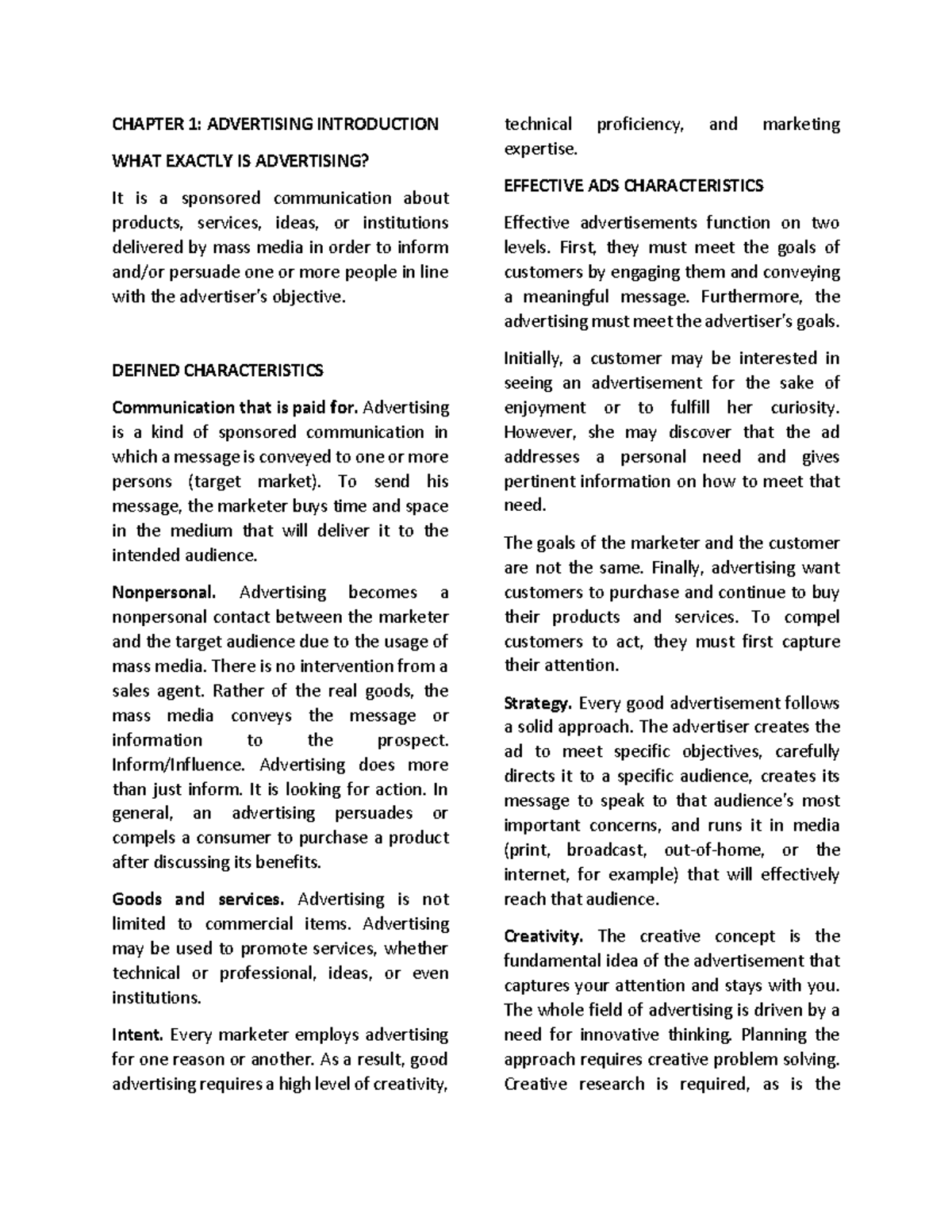 Chapter 1: Understanding Advertising Fundamentals and Concepts - Studocu