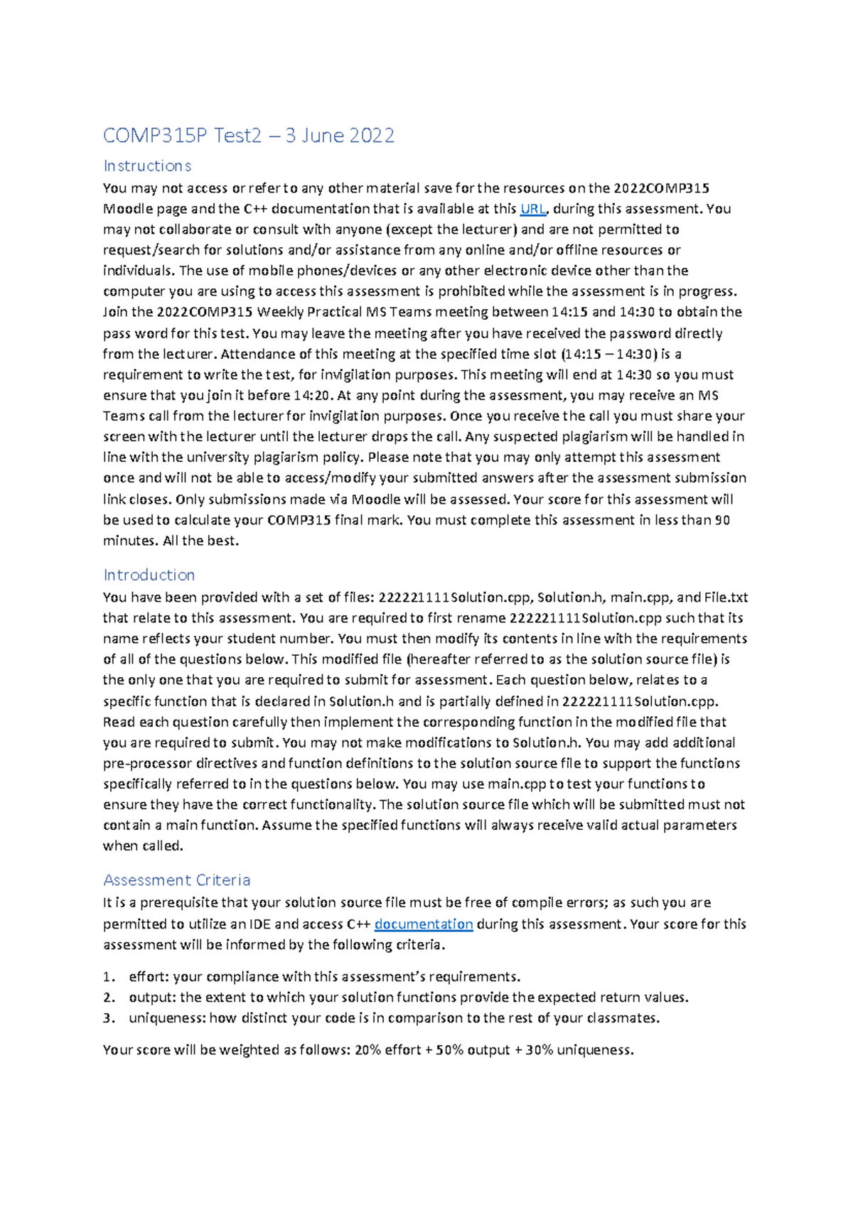 COMP315P Test 2 Guidelines and Requirements – 3 June 2022 - Studocu