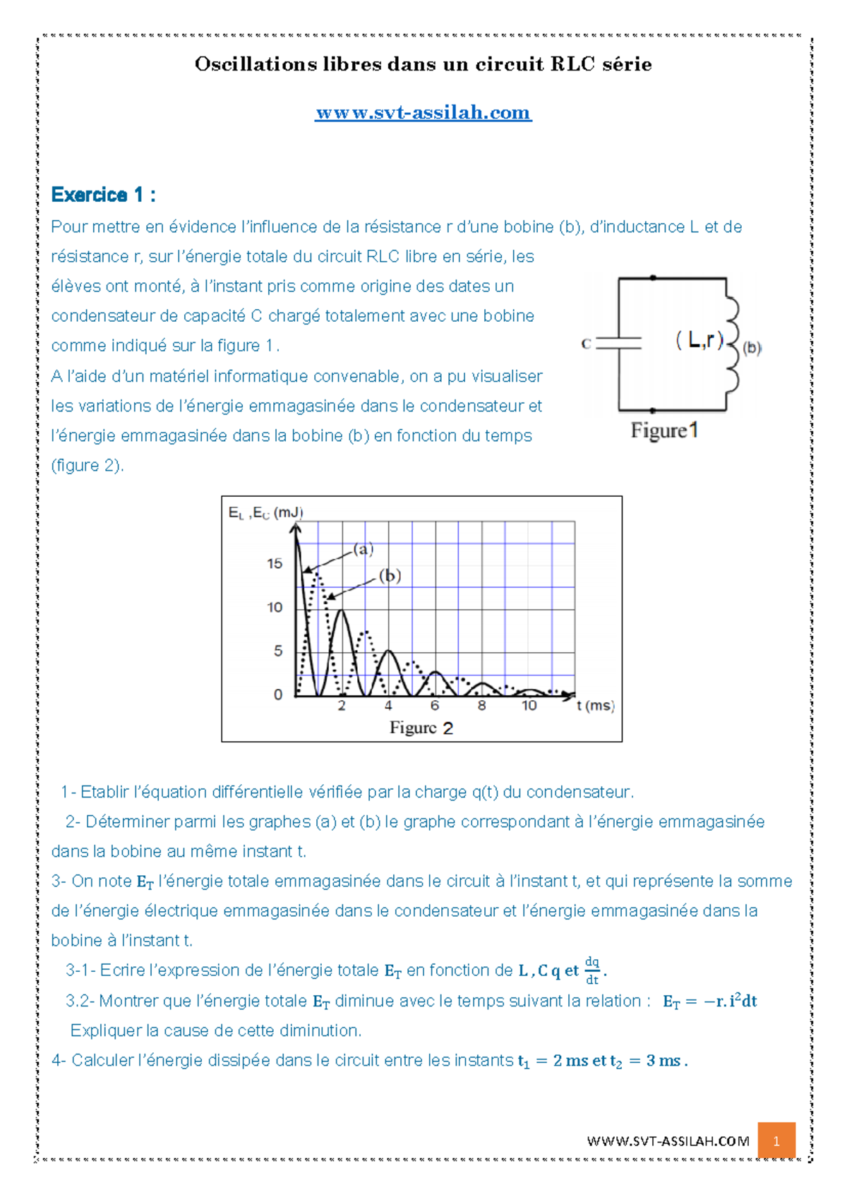 Exercices Oscillations libres dans un circuit RLC série - Oscillations ...